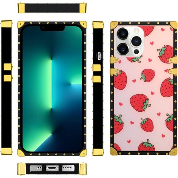 iPhone XR Case - Strawberry, Gradient, Gold Trim square for apple bling - Picture 5 of 6